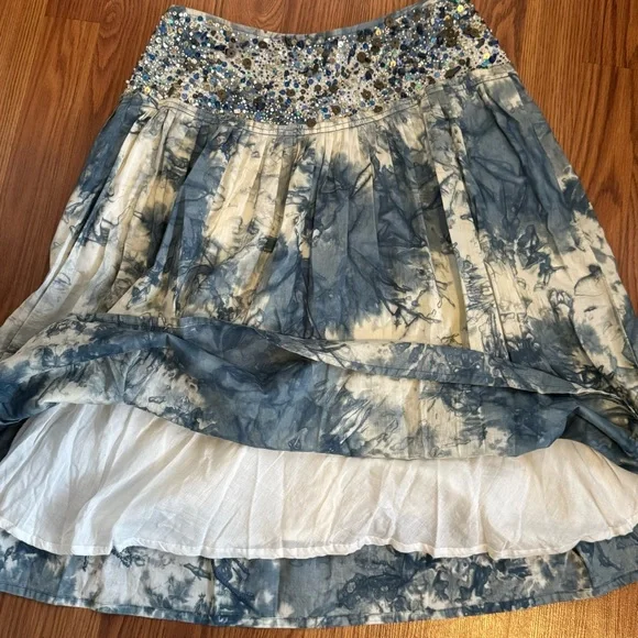 Haven Bleu Sequin Beaded Floral Stitch Embroidered Blue Floral Skirt Boho Size S - Picture 5 of 5